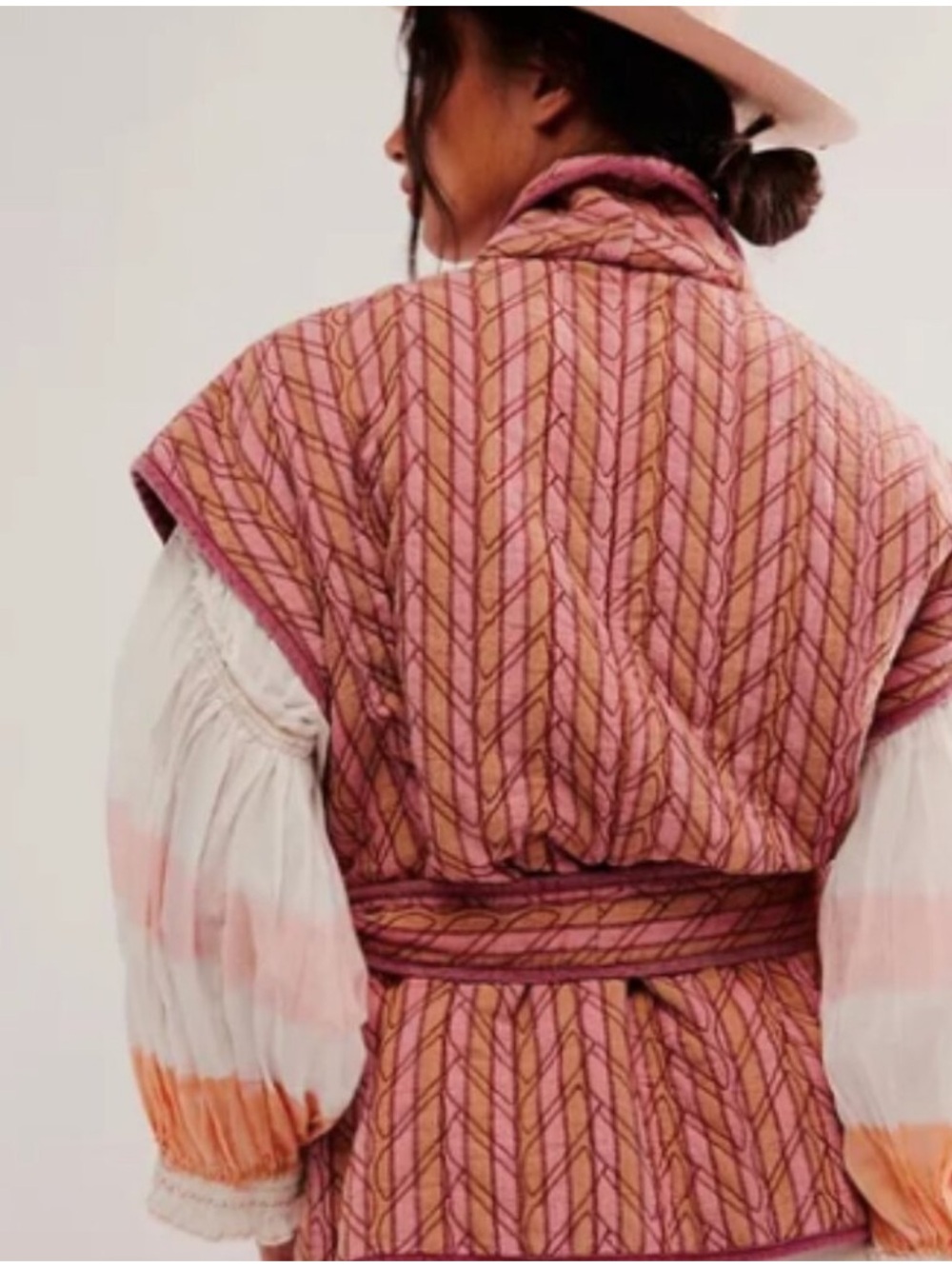 Free People Sunrise Quilted Vest Jacket stripped Piping tie waist Size Large - Picture 3 of 12